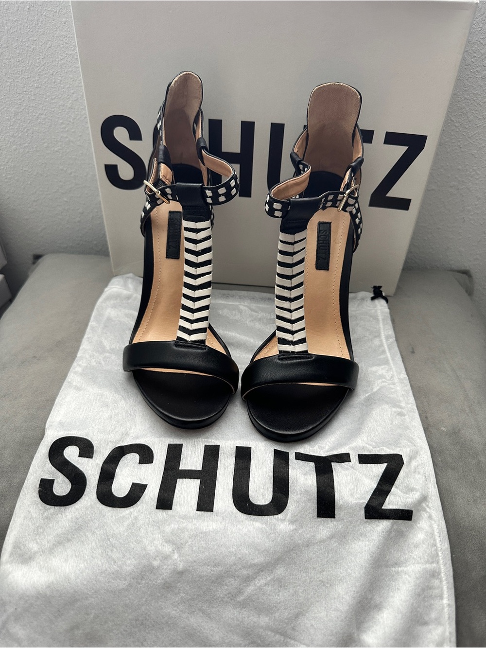 SCHUTZ Black and White Striped T-Strap Heels